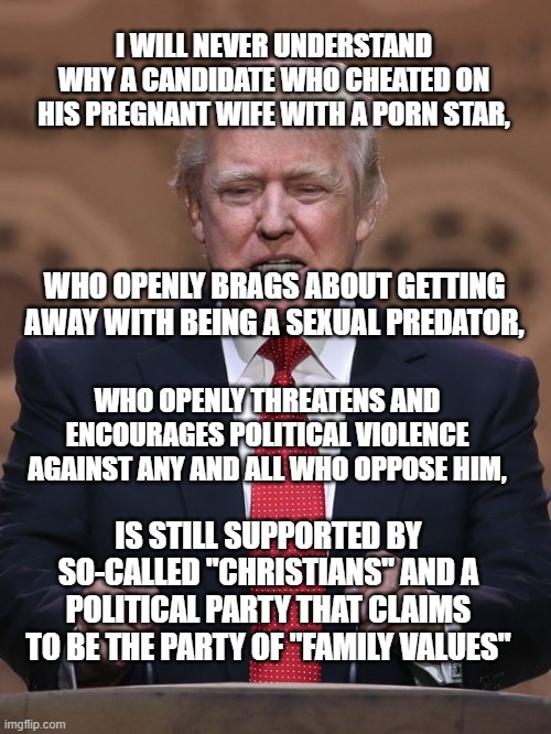 Donald Trump | I WILL NEVER UNDERSTAND WHY A CANDIDATE WHO CHEATED ON HIS PREGNANT WIFE WITH A PORN STAR, WHO OPENLY BRAGS ABOUT GETTING AWAY WITH BEING A SEXUAL PREDATOR, WHO OPENLY THREATENS AND ENCOURAGES POLITICAL VIOLENCE AGAINST ANY AND ALL WHO OPPOSE HIM, IS STILL SUPPORTED BY SO-CALLED "CHRISTIANS" AND A POLITICAL PARTY THAT CLAIMS TO BE THE PARTY OF "FAMILY VALUES" | image tagged in donald trump | made w/ Imgflip meme maker