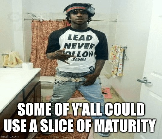 so at least your posts would make some sense | SOME OF Y'ALL COULD USE A SLICE OF MATURITY | image tagged in chief | made w/ Imgflip meme maker