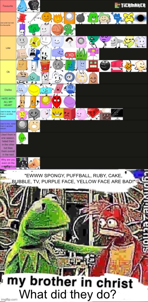 "EWWW SPONGY, PUFFBALL, RUBY, CAKE, BUBBLE, TV, PURPLE FACE, YELLOW FACE ARE BAD!"; What did they do? | image tagged in my brother in christ | made w/ Imgflip meme maker