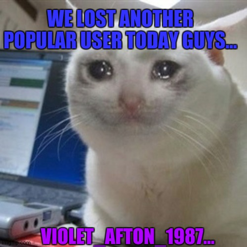 Crying cat | WE LOST ANOTHER POPULAR USER TODAY GUYS... VIOLET_AFTON_1987... | image tagged in crying cat | made w/ Imgflip meme maker