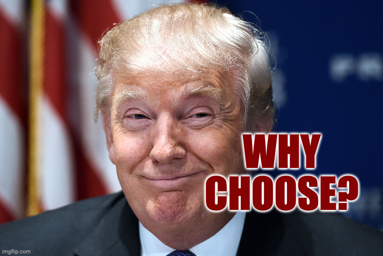 Trump smiles | WHY CHOOSE? | image tagged in trump smiles | made w/ Imgflip meme maker