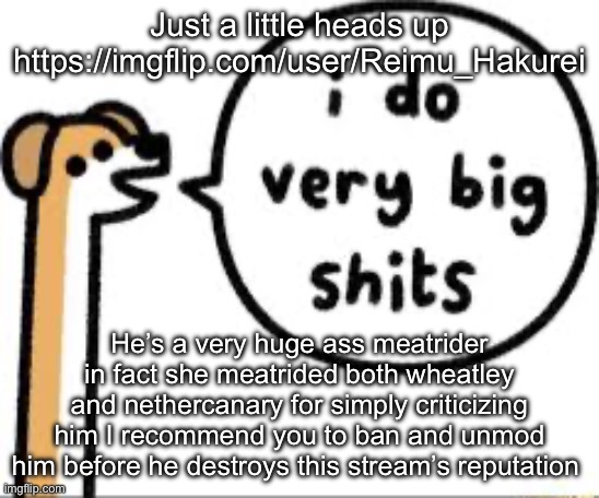 I do very big shits | Just a little heads up https://imgflip.com/user/Reimu_Hakurei; He’s a very huge ass meatrider in fact she meatrided both wheatley and nethercanary for simply criticizing him I recommend you to ban and unmod him before he destroys this stream’s reputation | image tagged in i do very big shits | made w/ Imgflip meme maker