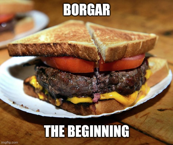 Borger the beginning | BORGAR; THE BEGINNING | image tagged in hamburger | made w/ Imgflip meme maker