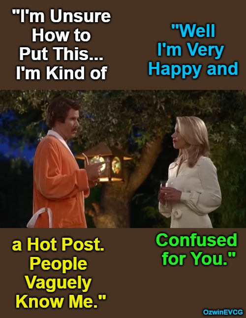 Who Are You Again? | "I'm Unsure 

How to 

Put This... 

I'm Kind of; "Well 

I'm Very  

Happy and; a Hot Post. 

People 

Vaguely 

Know Me."; Confused 

for You."; OzwinEVCG | image tagged in ron burgundy,people know me,men and women,dating and flirting,whoops,social media | made w/ Imgflip meme maker