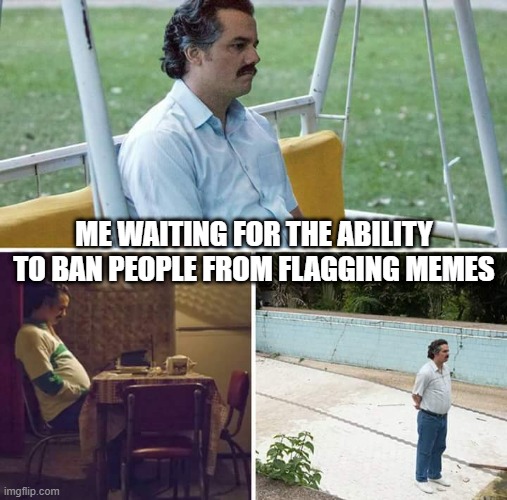 It Really is Getting Ridiculous Some of These Users Flagging Memes for No Reason | ME WAITING FOR THE ABILITY TO BAN PEOPLE FROM FLAGGING MEMES | image tagged in memes,sad pablo escobar | made w/ Imgflip meme maker