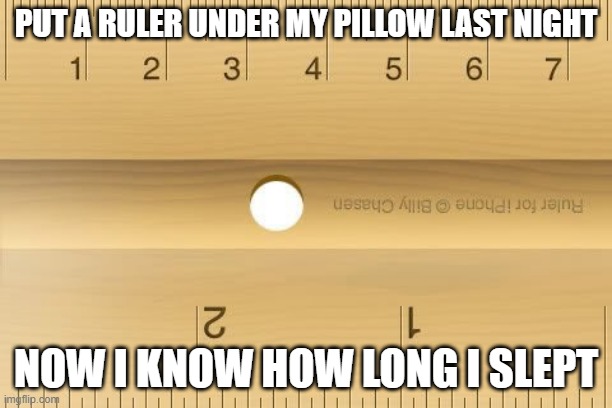 Ruler | PUT A RULER UNDER MY PILLOW LAST NIGHT; NOW I KNOW HOW LONG I SLEPT | image tagged in ruler | made w/ Imgflip meme maker