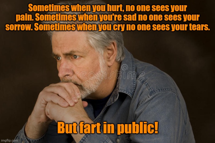 Pardon me. | Sometimes when you hurt, no one sees your pain. Sometimes when you're sad no one sees your sorrow. Sometimes when you cry no one sees your tears. But fart in public! | image tagged in deep thought,funny,what did i eat | made w/ Imgflip meme maker