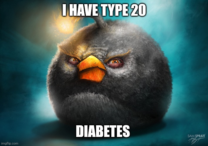 Realistic Bomb Angry Bird | I HAVE TYPE 20; DIABETES | image tagged in realistic bomb angry bird | made w/ Imgflip meme maker