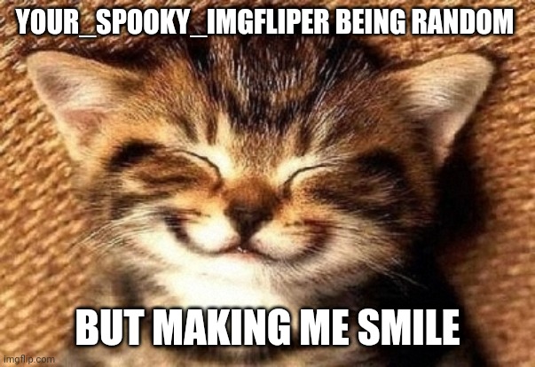 Bro makes me giggle and kick my feet | YOUR_SPOOKY_IMGFLIPER BEING RANDOM; BUT MAKING ME SMILE | image tagged in smiling kitty | made w/ Imgflip meme maker