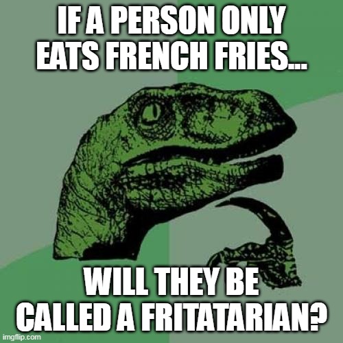 FRENCH FRIES!!! | IF A PERSON ONLY EATS FRENCH FRIES... WILL THEY BE CALLED A FRITATARIAN? | image tagged in memes,philosoraptor | made w/ Imgflip meme maker