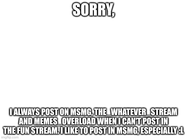 Pls readd | SORRY, I ALWAYS POST ON MSMG, THE_WHATEVER_STREAM AND MEMES_OVERLOAD WHEN I CAN'T POST IN THE FUN STREAM. I LIKE TO POST IN MSMG, ESPECIALLY :L | image tagged in pls,read,it,would,be,great | made w/ Imgflip meme maker