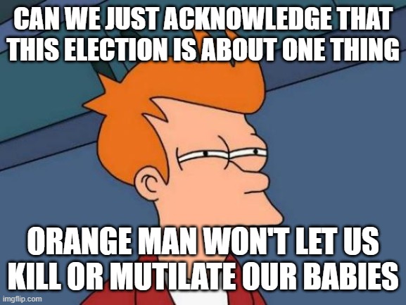 Futurama Fry Meme | CAN WE JUST ACKNOWLEDGE THAT THIS ELECTION IS ABOUT ONE THING; ORANGE MAN WON'T LET US KILL OR MUTILATE OUR BABIES | image tagged in memes,futurama fry | made w/ Imgflip meme maker