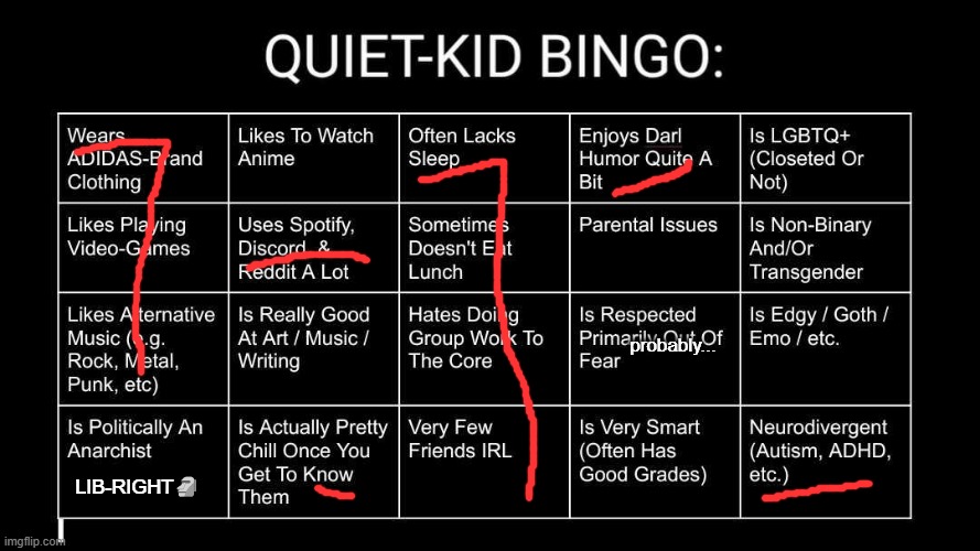 Quiet Kid Bingo | probably... LIB-RIGHT🗿 | image tagged in quiet kid bingo | made w/ Imgflip meme maker