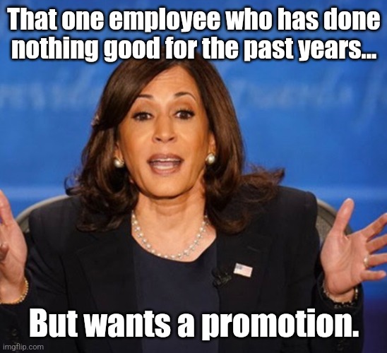 That one employee... | That one employee who has done nothing good for the past years... But wants a promotion. | image tagged in kamala harris,employee,promotion,politics,us election | made w/ Imgflip meme maker