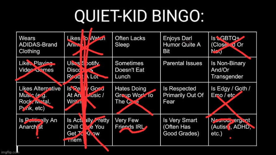 Quiet Kid Bingo | image tagged in quiet kid bingo | made w/ Imgflip meme maker