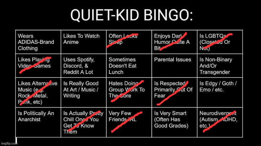 Quiet Kid Bingo | image tagged in quiet kid bingo | made w/ Imgflip meme maker