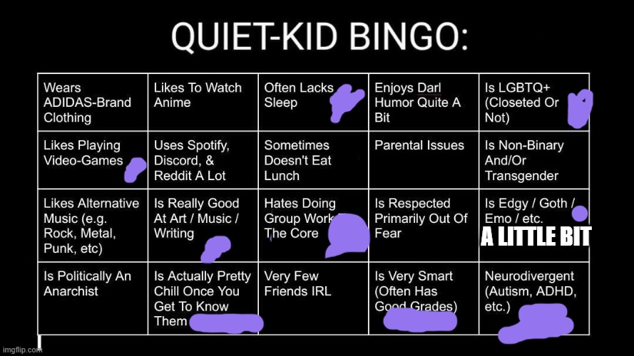 I HATE GROUP PROJECTSSSSSSSSSSSSSSSSSSSSSS | A LITTLE BIT | image tagged in quiet kid bingo | made w/ Imgflip meme maker