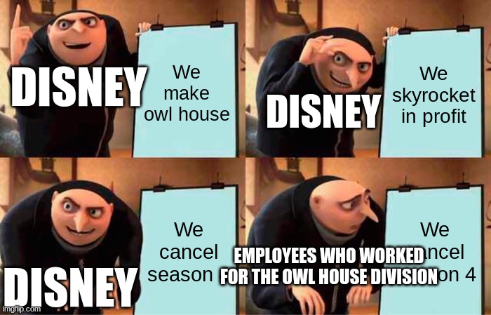 BRING IT BACK | We make owl house; We skyrocket in profit; DISNEY; DISNEY; We cancel season 4; We cancel season 4; EMPLOYEES WHO WORKED FOR THE OWL HOUSE DIVISION; DISNEY | image tagged in memes,gru's plan | made w/ Imgflip meme maker