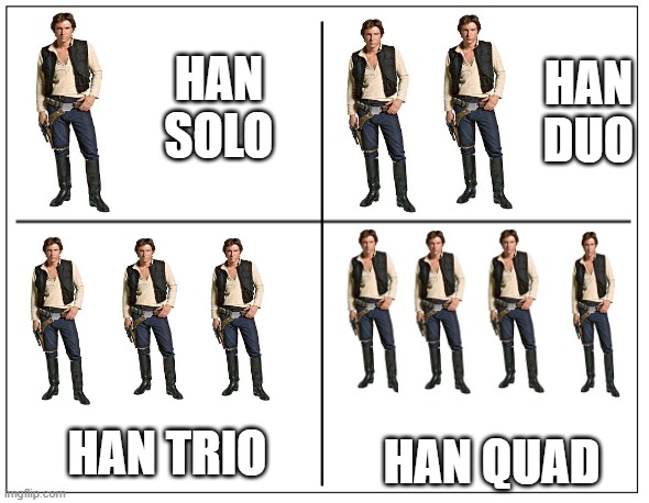 han | HAN SOLO; HAN DUO; HAN TRIO; HAN QUAD | image tagged in 4 square grid | made w/ Imgflip meme maker