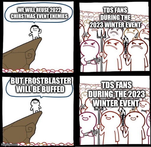 Outdated tds meme | TDS FANS DURING THE 2023 WINTER EVENT; WE WILL REUSE 2022 CHIRSTMAS EVENT ENEMIES; BUT FROSTBLASTER WILL BE BUFFED; TDS FANS DURING THE 2023 WINTER EVENT | image tagged in preaching to the mob | made w/ Imgflip meme maker