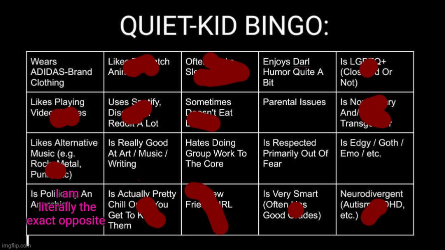 Quiet Kid Bingo | I am literally the exact opposite | image tagged in quiet kid bingo | made w/ Imgflip meme maker