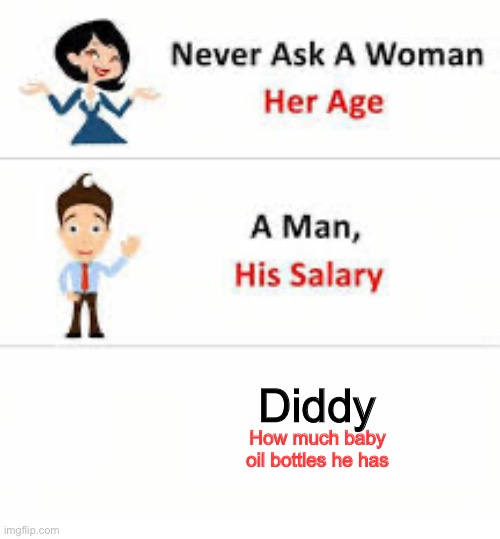 P diddy | Diddy; How much baby oil bottles he has | image tagged in never ask a woman her age | made w/ Imgflip meme maker