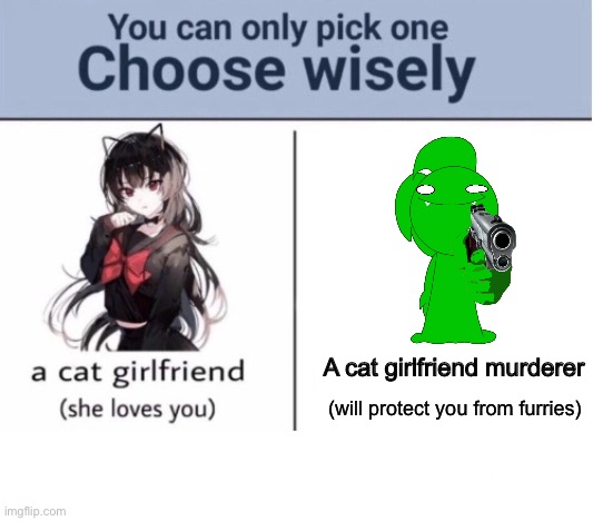 :3 | A cat girlfriend murderer; (will protect you from furries) | image tagged in choose wisely | made w/ Imgflip meme maker