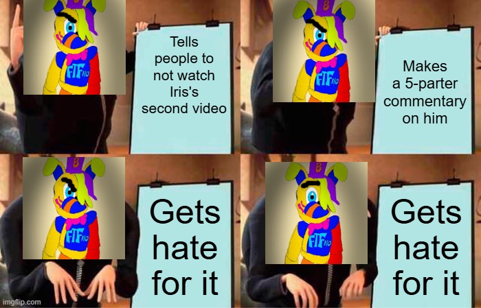 Gru's Plan Meme | Tells people to not watch Iris's second video; Makes a 5-parter commentary on him; Gets hate for it; Gets hate for it | image tagged in memes,gru's plan | made w/ Imgflip meme maker