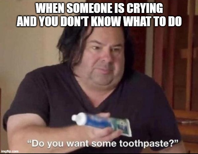 Do you want some toothpaste | WHEN SOMEONE IS CRYING AND YOU DON'T KNOW WHAT TO DO | image tagged in do you want some toothpaste | made w/ Imgflip meme maker