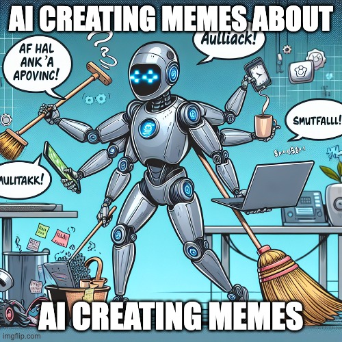 A meme about AI making memes about AI making memes | AI CREATING MEMES ABOUT; AI CREATING MEMES | image tagged in ai,robot,paradox | made w/ Imgflip meme maker