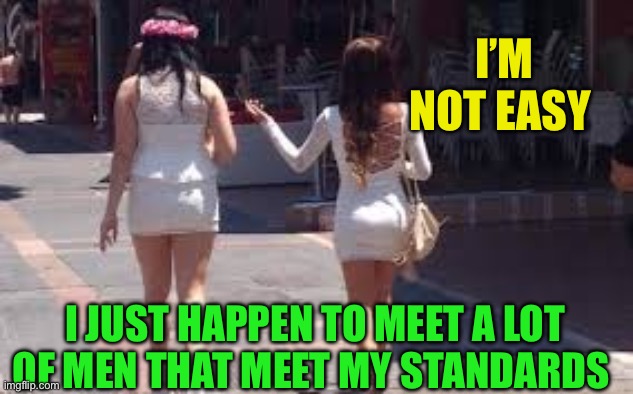 Not “Easy” | I’M NOT EASY; I JUST HAPPEN TO MEET A LOT OF MEN THAT MEET MY STANDARDS | image tagged in walk of shame,girls,funny,easy,babes | made w/ Imgflip meme maker