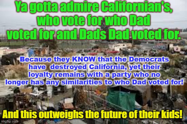 Ya gotta admire Californian Democrats! | Ya gotta admire Californian's, who vote for who Dad voted for and Dads Dad voted for. Because they KNOW that the Democrats have  destroyed California, yet their loyalty remains with a party who no longer has any similarities to who Dad voted for! Yarra Man; And this outweighs the future of their kids! | image tagged in woke insanity,progressive's,left,lunacy,usa,newsom n harris | made w/ Imgflip meme maker