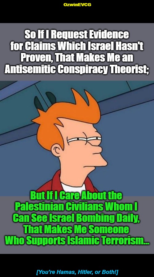 Meandering with Fake-Alt, Mind-Snatchers, and Lamestream-Lies Media | OzwinEVCG; So If I Request Evidence 

for Claims Which Israel Hasn't 

Proven, That Makes Me an 

Antisemitic Conspiracy Theorist;; But If I Care About the 

Palestinian Civilians Whom I 

Can See Israel Bombing Daily, 

That Makes Me Someone 

Who Supports Islamic Terrorism... [You're Hamas, Hitler, or Both!] | image tagged in israel,atrocity propaganda,palestine,atrocity reality,logic,skeptical fry | made w/ Imgflip meme maker