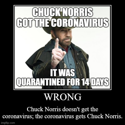 Chuck Norris Coronavirus Meme Fail | WRONG | Chuck Norris doesn't get the coronavirus; the coronavirus gets Chuck Norris. | image tagged in memes,chuck norris,coronavirus,epic fail,demotivationals,funny | made w/ Imgflip demotivational maker