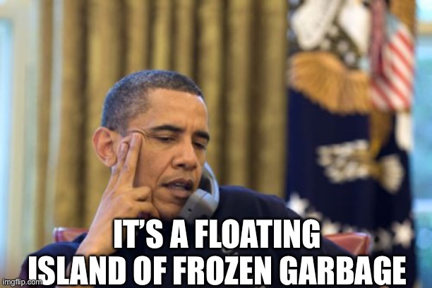 No I Can't Obama Meme | IT’S A FLOATING ISLAND OF FROZEN GARBAGE | image tagged in memes,no i can't obama | made w/ Imgflip meme maker