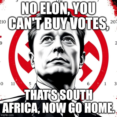 No elon | NO ELON, YOU CAN'T BUY VOTES, THAT'S SOUTH AFRICA, NOW GO HOME. | image tagged in elon musk | made w/ Imgflip meme maker