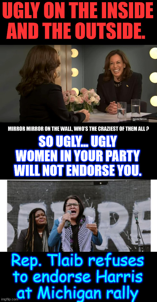 democrats... the party of ugly... | UGLY ON THE INSIDE AND THE OUTSIDE. SO UGLY... UGLY WOMEN IN YOUR PARTY WILL NOT ENDORSE YOU. Rep. Tlaib refuses to endorse Harris at Michigan rally | image tagged in tlaib,refuses to endorse,kamala,ugly party | made w/ Imgflip meme maker