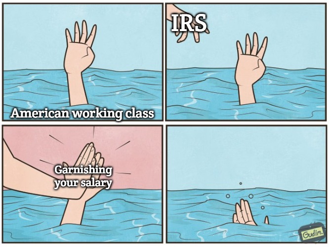 High five drown | IRS; American working class; Garnishing your salary | image tagged in high five drown,slavic | made w/ Imgflip meme maker