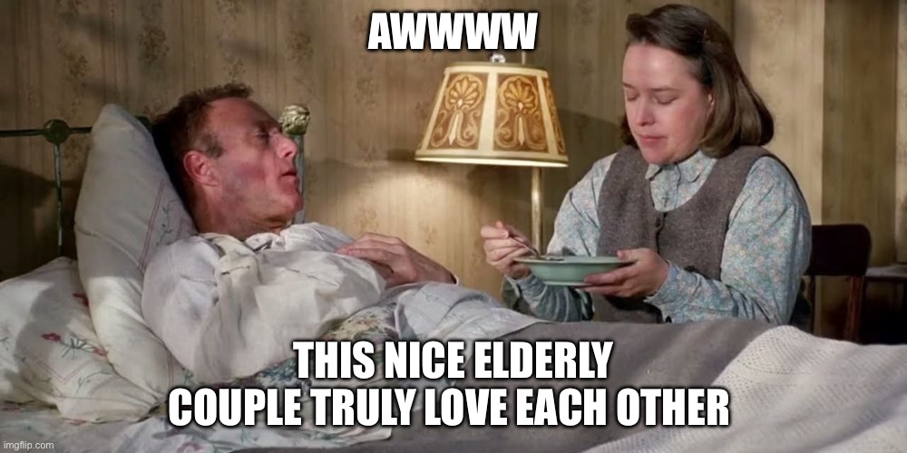 AWWWW; THIS NICE ELDERLY COUPLE TRULY LOVE EACH OTHER | image tagged in misery,waterboy kathy bates devil,christmas,couple in bed | made w/ Imgflip meme maker