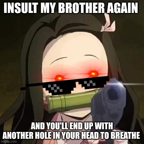 Overprotective Nezuko | INSULT MY BROTHER AGAIN; AND YOU'LL END UP WITH ANOTHER HOLE IN YOUR HEAD TO BREATHE | image tagged in nezuko with a gun | made w/ Imgflip meme maker