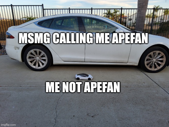 X why did you shrink my car | MSMG CALLING ME APEFAN; ME NOT APEFAN | image tagged in x why did you shrink my car | made w/ Imgflip meme maker