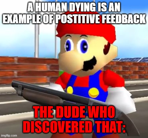 Killer scientist | A HUMAN DYING IS AN EXAMPLE OF POSTITIVE FEEDBACK; THE DUDE WHO DISCOVERED THAT: | image tagged in smg4 shotgun mario | made w/ Imgflip meme maker