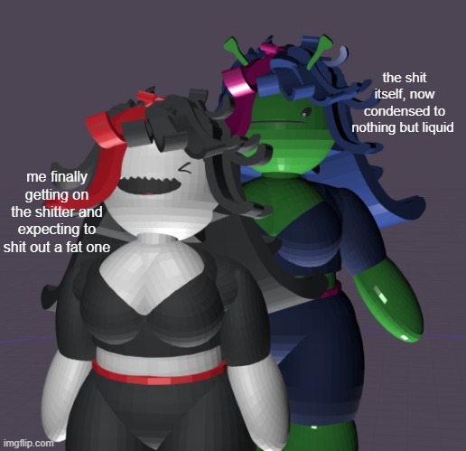 Claire and peanoid claire | the shit itself, now condensed to nothing but liquid; me finally getting on the shitter and expecting to shit out a fat one | made w/ Imgflip meme maker