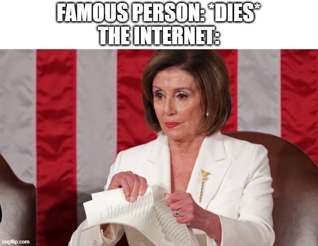 Rip | FAMOUS PERSON: *DIES*
THE INTERNET: | image tagged in memes,funny,nancy pelosi tears speech,death,rip | made w/ Imgflip meme maker