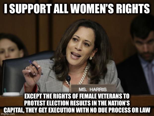 Kamala Harris | I SUPPORT ALL WOMEN’S RIGHTS; EXCEPT THE RIGHTS OF FEMALE VETERANS TO PROTEST ELECTION RESULTS IN THE NATION’S CAPITAL, THEY GET EXECUTION WITH NO DUE PROCESS OR LAW | image tagged in kamala harris,womens rights,veterans,execution | made w/ Imgflip meme maker