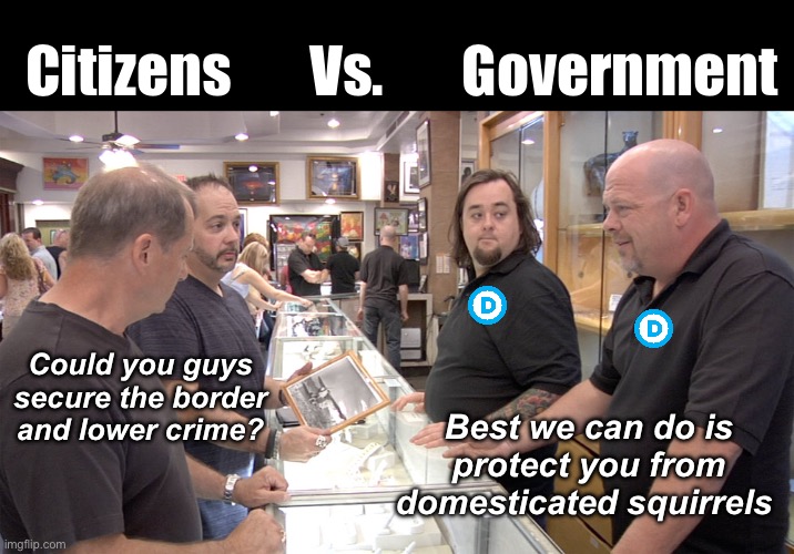 Government in action | Citizens       Vs.       Government; Could you guys secure the border and lower crime? Best we can do is protect you from domesticated squirrels | image tagged in political,memes,pawn stars best i can do | made w/ Imgflip meme maker