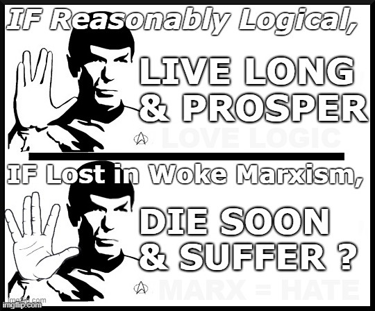 LIVE LONG & PROSPER... IF... | IF REASONABLY LOGICAL, LIVE LONG & PROSPER; IF LOST IN WOKE MARXISM, DIE SOON & SUFFFER ? | image tagged in spock,star trek,live long and prosper,woke,marxism,die | made w/ Imgflip meme maker