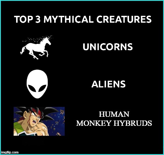 top 3 mythical creatures | HUMAN MONKEY HYBRUDS | image tagged in top 3 mythical creatures,saiyan,dragon ball z,funny memes,monkeys,hybrid | made w/ Imgflip meme maker