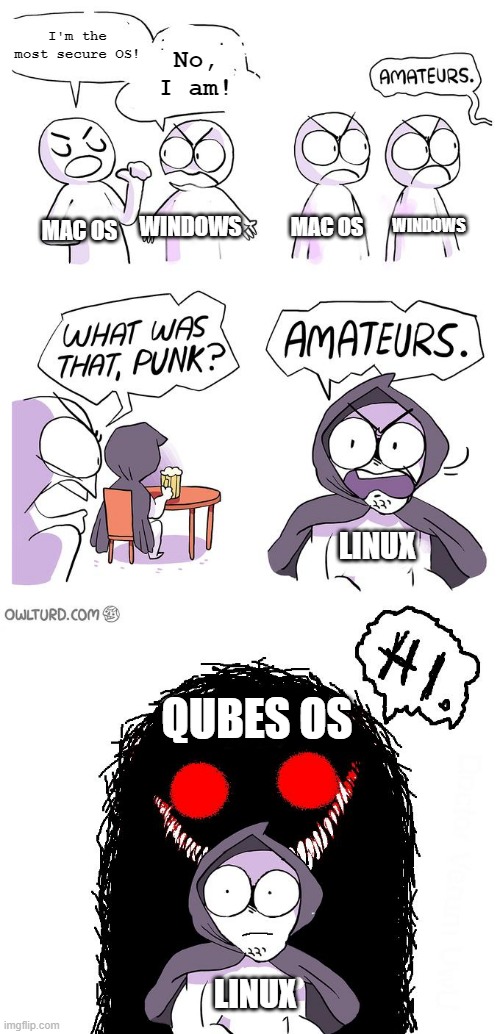 Amateurs 3.0 | I'm the most secure OS! No, I am! MAC OS; WINDOWS; WINDOWS; MAC OS; LINUX; QUBES OS; LINUX | image tagged in amateurs 3 0 | made w/ Imgflip meme maker