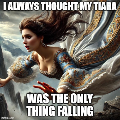 falling queen | I ALWAYS THOUGHT MY TIARA; WAS THE ONLY THING FALLING | image tagged in falling queen | made w/ Imgflip meme maker